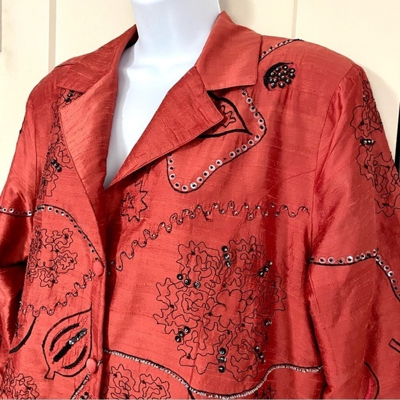 Orange Silk Button-down Blazer Jacket Top Large Artsy Beaded - Picture 3 of 15